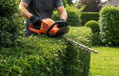 Hedge trimming crew in Toronto shaping greenery with precision tools to boost curb appeal and encourage healthy growth. 