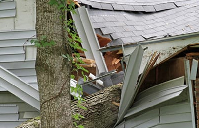 Emergency tree response team managing hazardous limbs after a storm to prevent further risk to residential property.