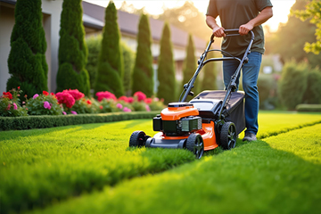 Contractor trimming hedges for overgrown shrubs using a hedge trimmer to stimulate healthy growth and shape